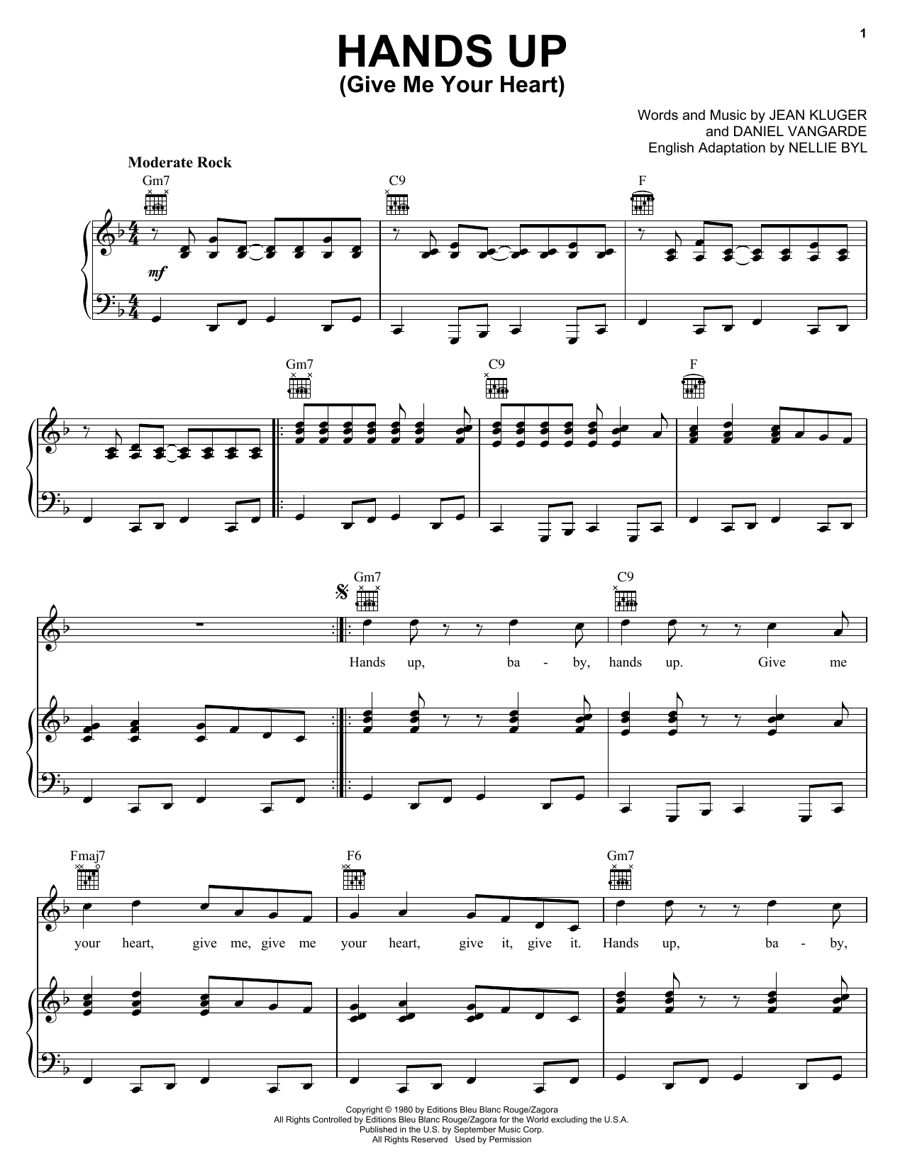 Download Nellie Byl Hands Up (Give Me Your Heart) Sheet Music and learn how to play Piano, Vocal & Guitar (Right-Hand Melody) PDF digital score in minutes
