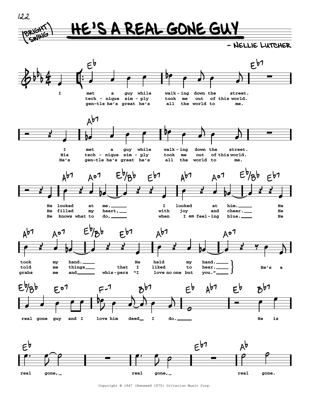 Download Nellie Lutcher He's A Real Gone Guy (High Voice) Sheet Music and learn how to play Real Book – Melody, Lyrics & Chords PDF digital score in minutes