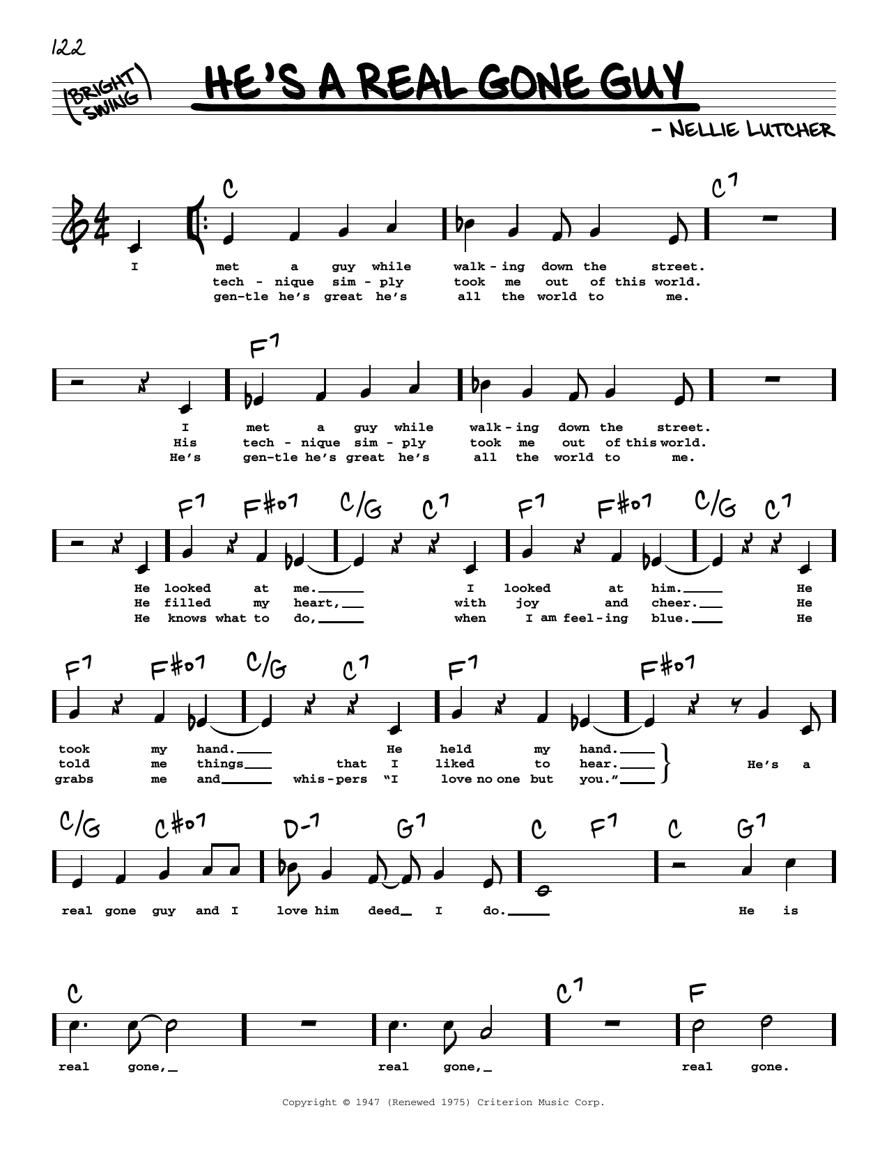 Download Nellie Lutcher He's A Real Gone Guy (Low Voice) Sheet Music and learn how to play Real Book – Melody, Lyrics & Chords PDF digital score in minutes