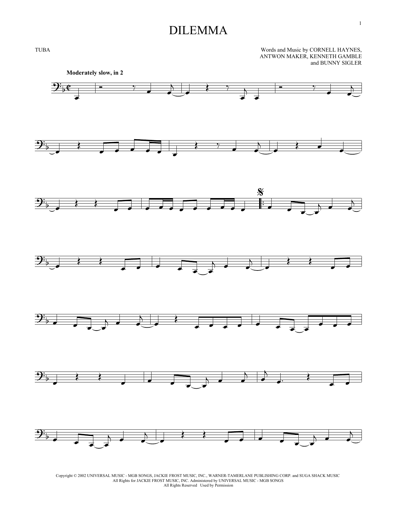 Download Nelly Dilemma (feat. Kelly Rowland) Sheet Music and learn how to play Tuba Solo PDF digital score in minutes