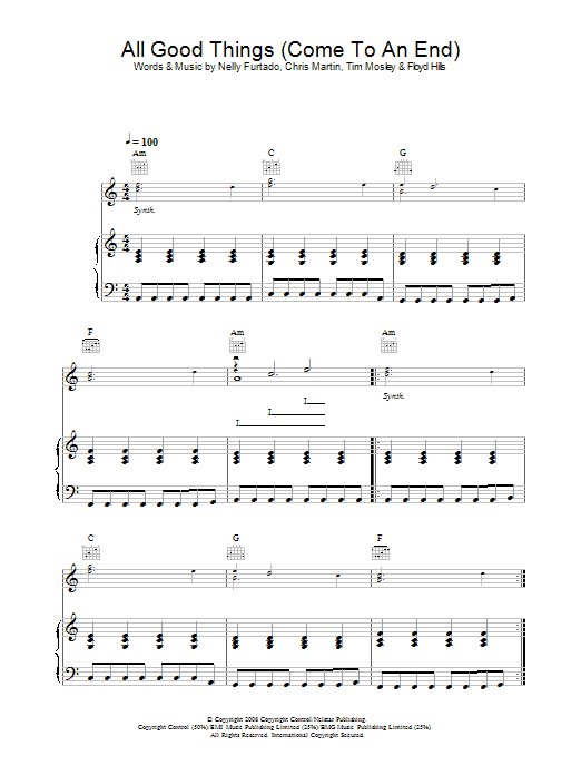 Download Nelly Furtado All Good Things (Come To An End) Sheet Music and learn how to play Piano, Vocal & Guitar PDF digital score in minutes