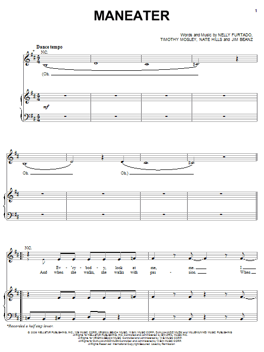 Download Nelly Furtado Maneater Sheet Music and learn how to play Piano, Vocal & Guitar (Right-Hand Melody) PDF digital score in minutes