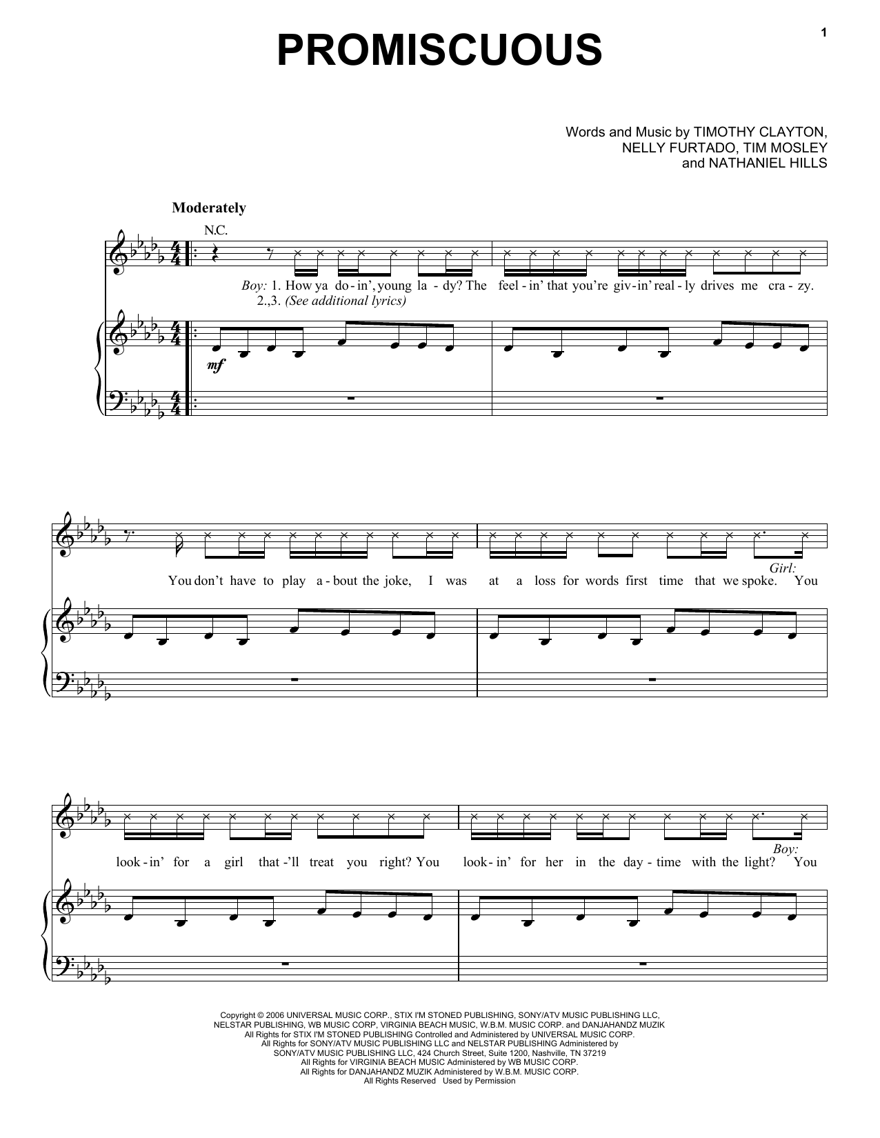 Download Nelly Furtado Promiscuous Sheet Music and learn how to play Piano, Vocal & Guitar (Right-Hand Melody) PDF digital score in minutes