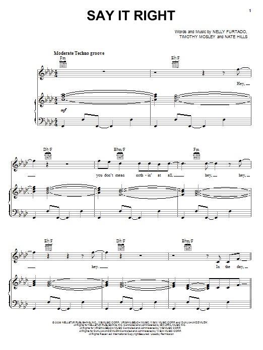 Download Nelly Furtado Say It Right Sheet Music and learn how to play Piano, Vocal & Guitar (Right-Hand Melody) PDF digital score in minutes