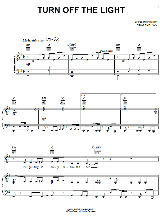 Download Nelly Furtado Turn Off The Light Sheet Music and learn how to play Piano, Vocal & Guitar (Right-Hand Melody) PDF digital score in minutes