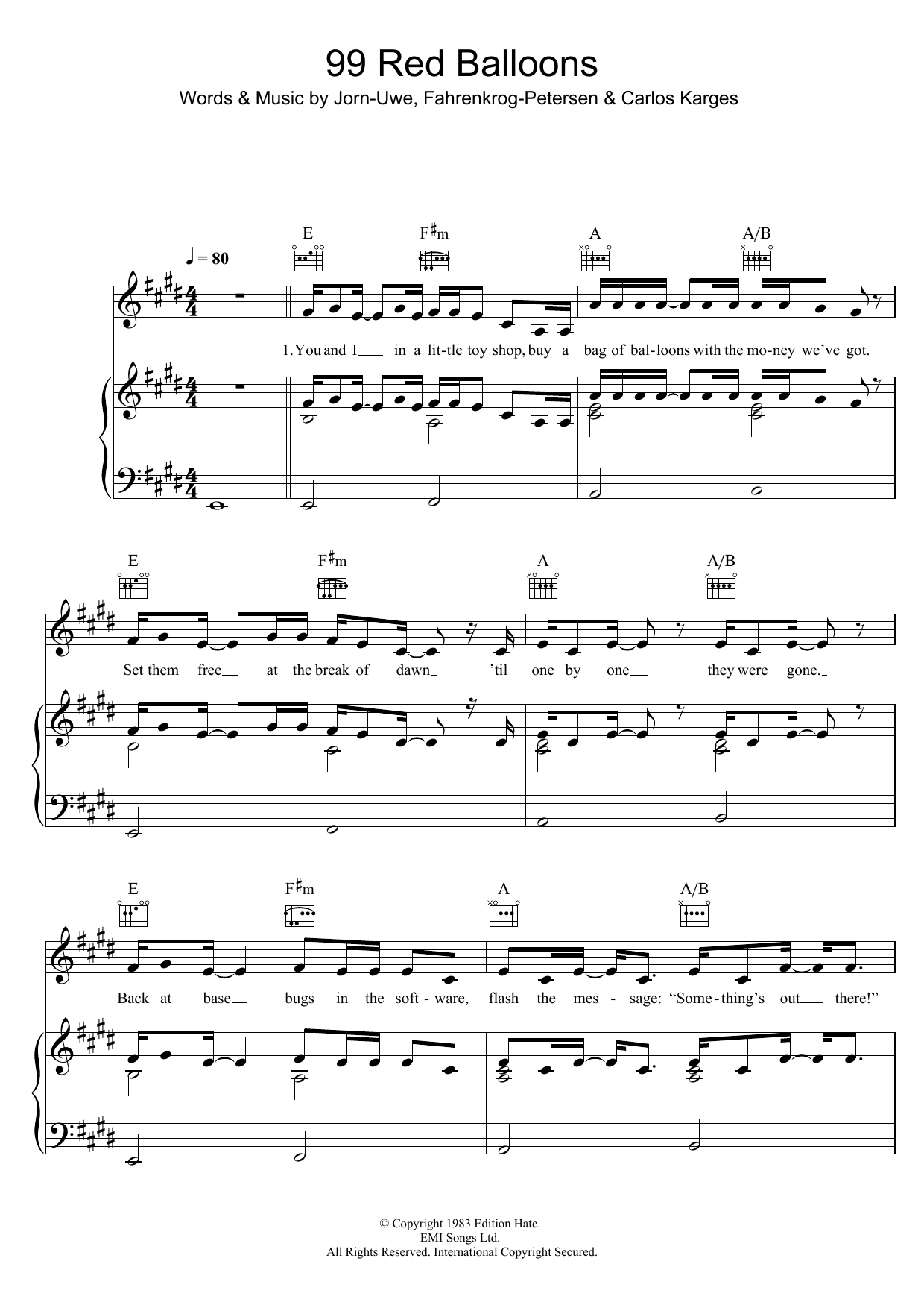 Download Nena 99 Red Balloons Sheet Music and learn how to play Piano, Vocal & Guitar (Right-Hand Melody) PDF digital score in minutes