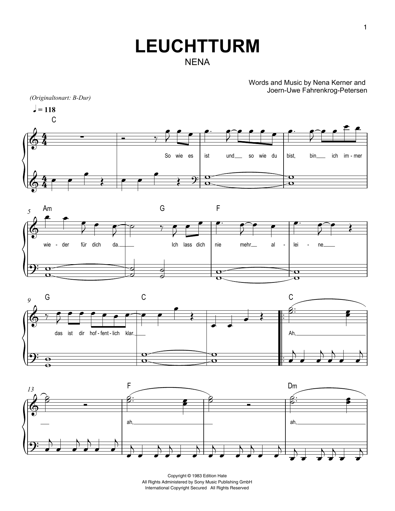 Download Nena Leuchtturm Sheet Music and learn how to play Easy Piano PDF digital score in minutes