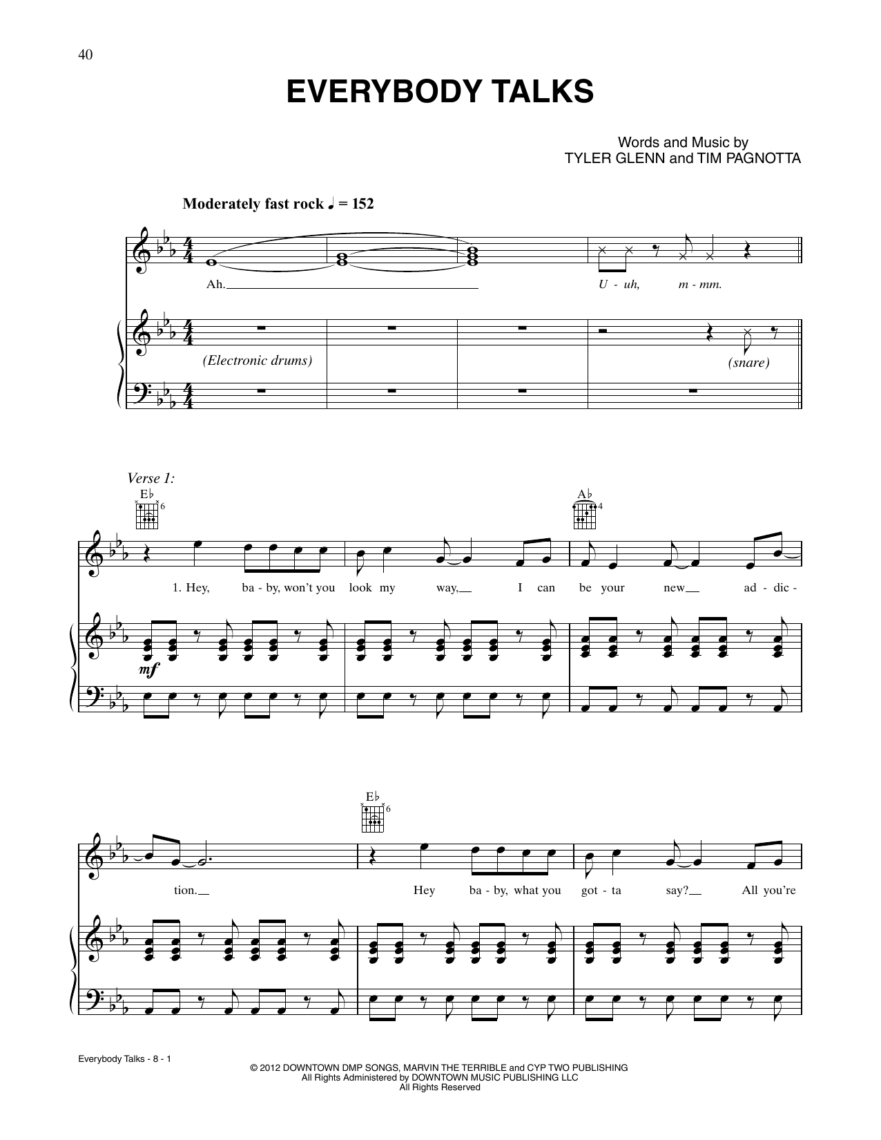 Download Neon Trees Everybody Talks Sheet Music and learn how to play Piano, Vocal & Guitar Chords (Right-Hand Melody) PDF digital score in minutes