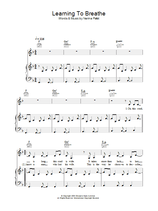 Download Nerina Pallot Learning To Breathe Sheet Music and learn how to play Piano, Vocal & Guitar Chords PDF digital score in minutes