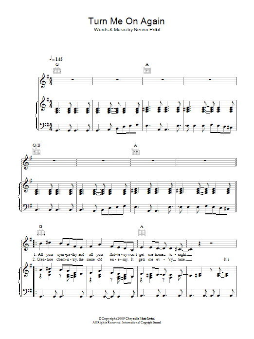 Download Nerina Pallot Turn Me On Again Sheet Music and learn how to play Piano, Vocal & Guitar (Right-Hand Melody) PDF digital score in minutes