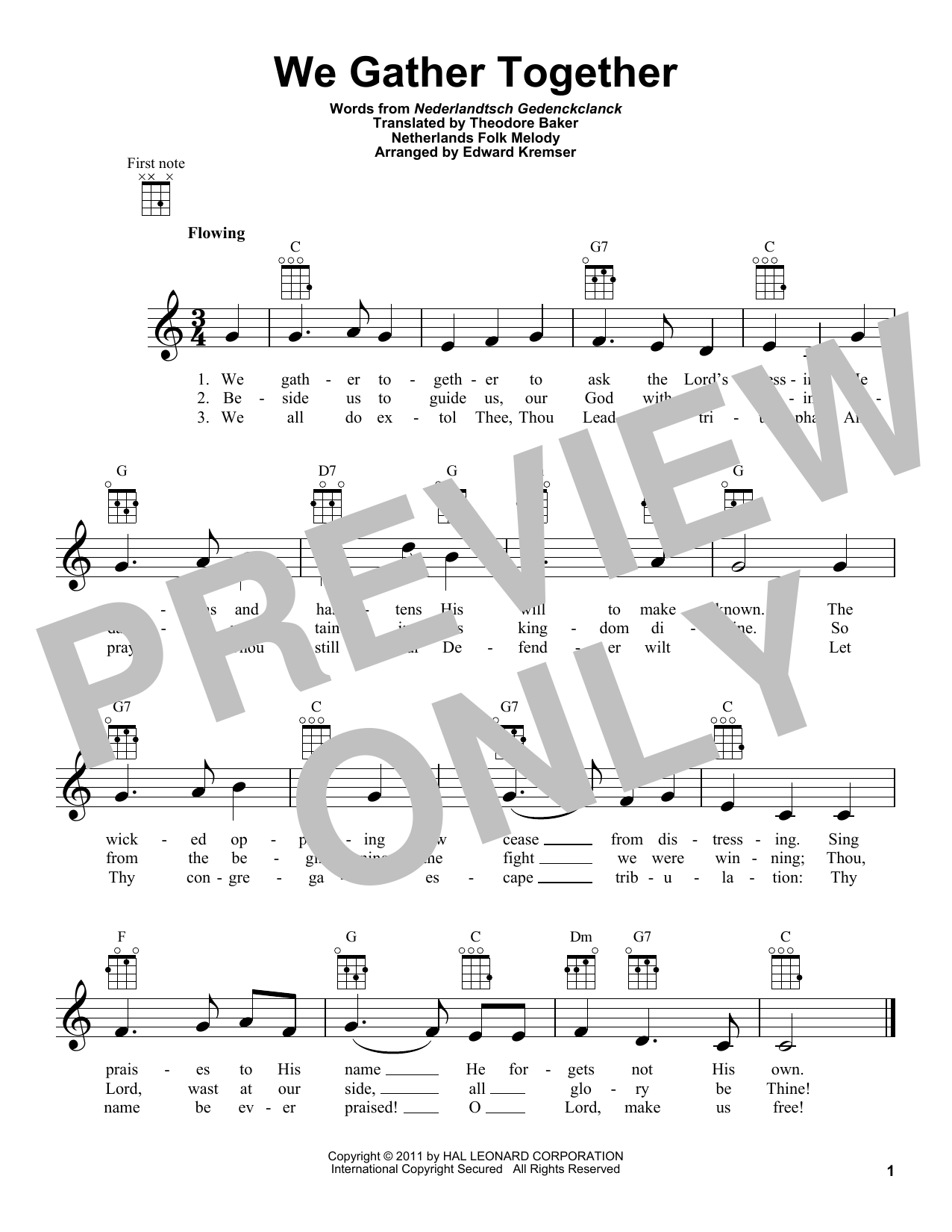 Download Netherlands Folk Hymn We Gather Together (arr. Eduard Kremser) Sheet Music and learn how to play Ukulele PDF digital score in minutes