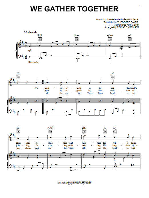 Download Nederlandtsch Gedenckclanck We Gather Together Sheet Music and learn how to play Piano, Vocal & Guitar (Right-Hand Melody) PDF digital score in minutes