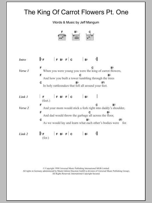 Download Neutral Milk Hotel The King Of Carrot Flowers Pt. One Sheet Music and learn how to play Lyrics & Chords PDF digital score in minutes