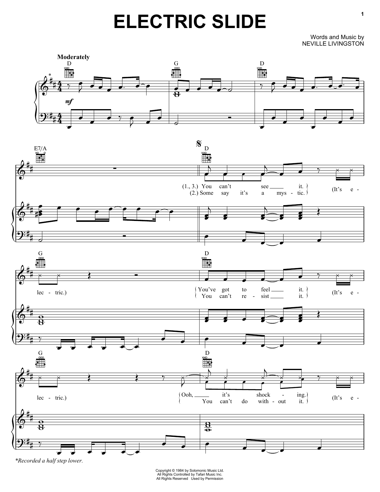 Download Neville Livingston Electric Slide Sheet Music and learn how to play Piano, Vocal & Guitar (Right-Hand Melody) PDF digital score in minutes