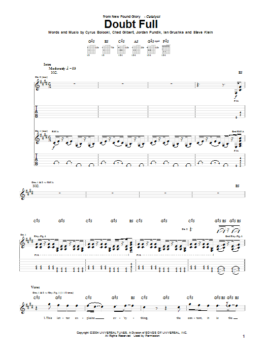 Download New Found Glory Doubt Full Sheet Music and learn how to play Guitar Tab PDF digital score in minutes