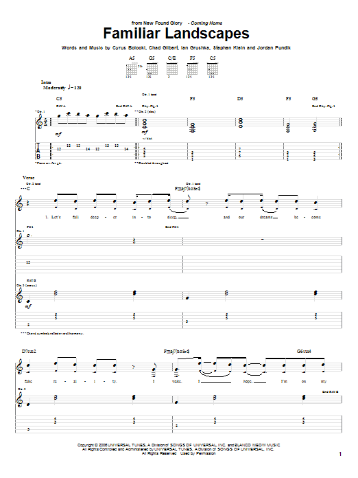Download New Found Glory Familiar Landscapes Sheet Music and learn how to play Guitar Tab PDF digital score in minutes