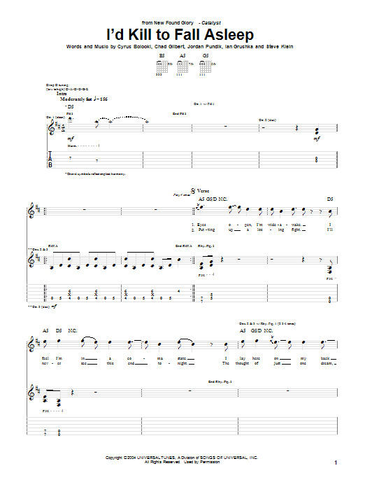 Download New Found Glory I'd Kill To Fall Asleep Sheet Music and learn how to play Guitar Tab PDF digital score in minutes