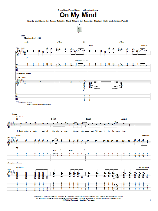 Download New Found Glory On My Mind Sheet Music and learn how to play Guitar Tab PDF digital score in minutes
