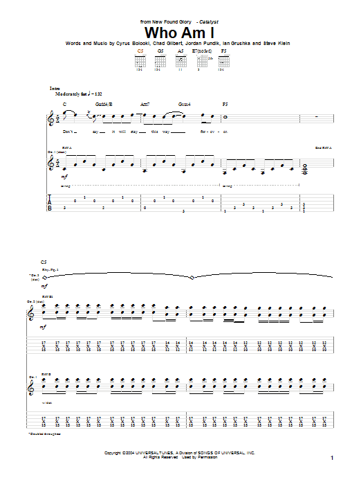 Download New Found Glory Who Am I Sheet Music and learn how to play Guitar Tab PDF digital score in minutes