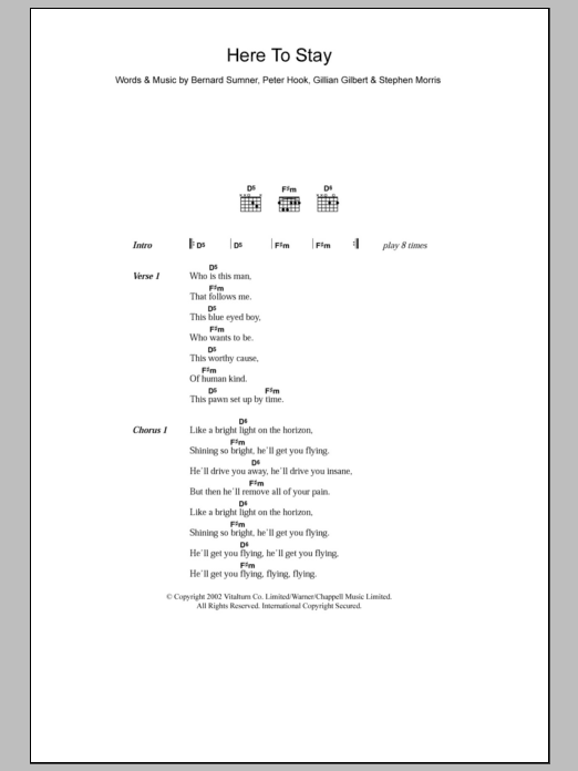 Download New Order Here To Stay Sheet Music and learn how to play Lyrics & Chords PDF digital score in minutes