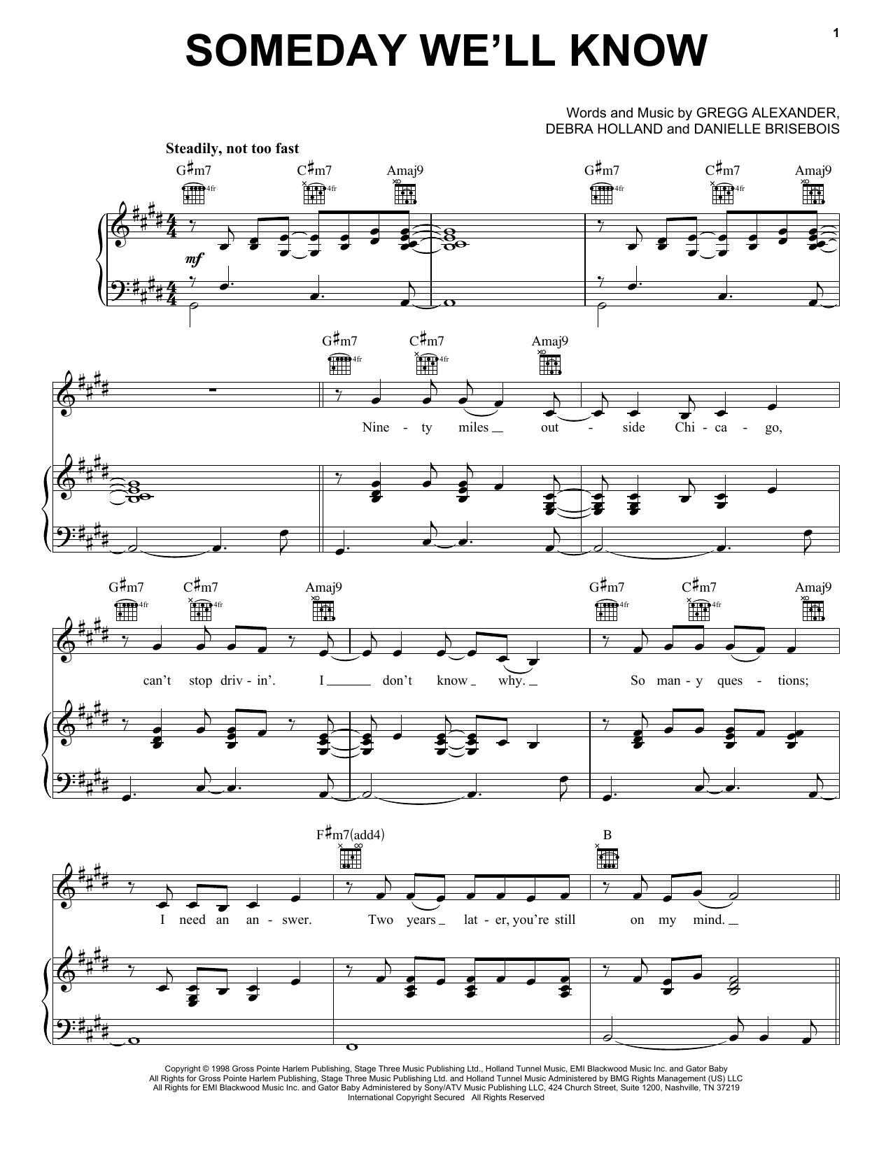 Download New Radicals Someday We'll Know Sheet Music and learn how to play Piano, Vocal & Guitar Chords (Right-Hand Melody) PDF digital score in minutes