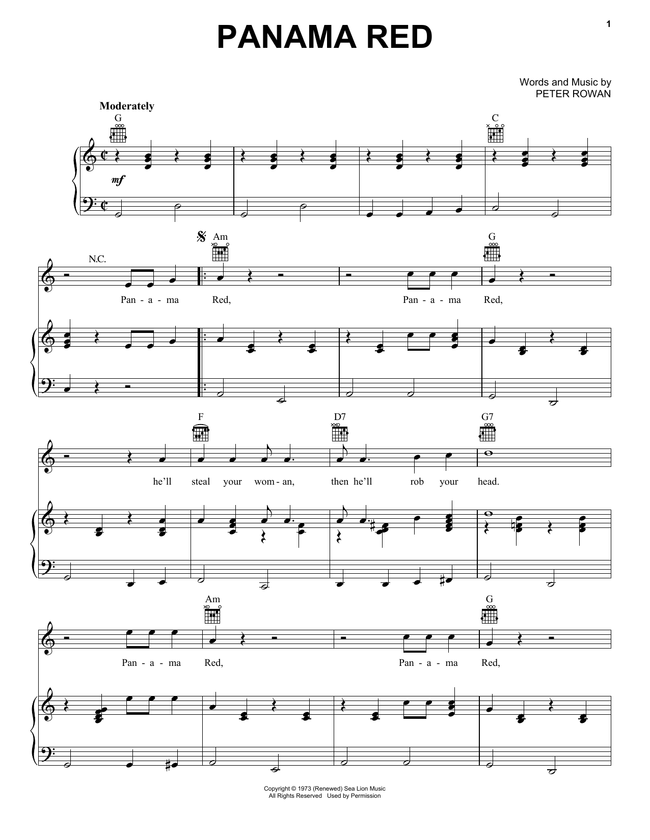 Download New Riders of the Purple Sage Panama Red Sheet Music and learn how to play Real Book – Melody, Lyrics & Chords PDF digital score in minutes