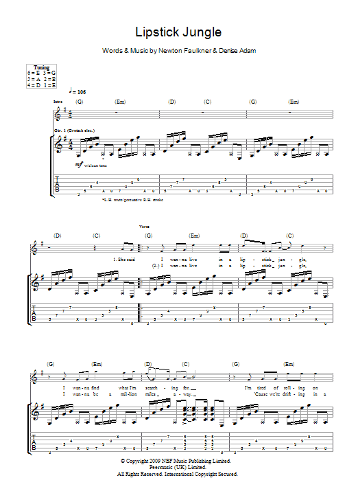 Download Newton Faulkner Lipstick Jungle Sheet Music and learn how to play Guitar Tab PDF digital score in minutes