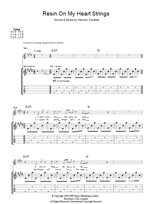 Download Newton Faulkner Resin On My Heart Strings Sheet Music and learn how to play Guitar Tab PDF digital score in minutes