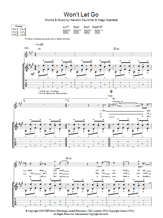 Download Newton Faulkner Won't Let Go Sheet Music and learn how to play Guitar Tab PDF digital score in minutes