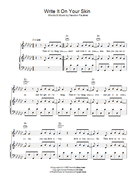Download Newton Faulkner Write It On Your Skin Sheet Music and learn how to play Piano, Vocal & Guitar (Right-Hand Melody) PDF digital score in minutes
