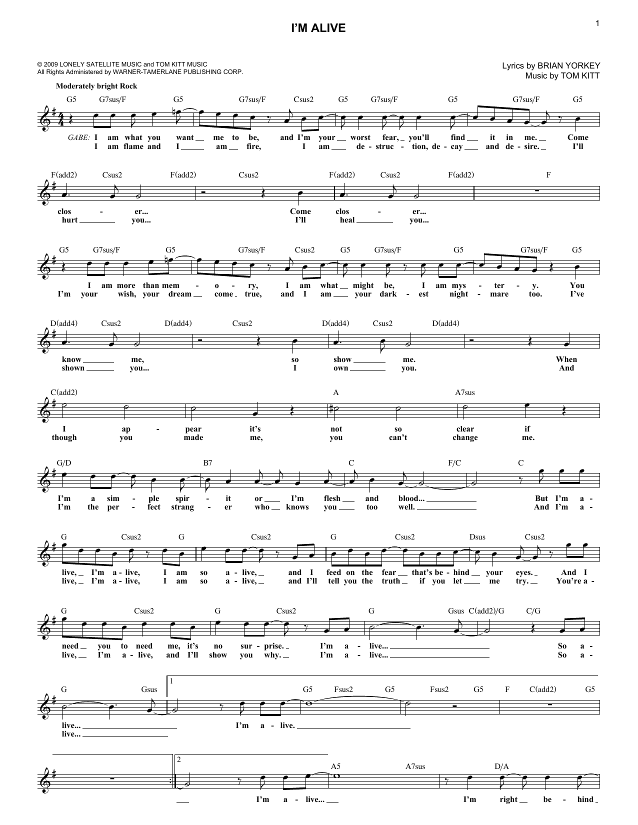 Download Brian Yorkey I'm Alive Sheet Music and learn how to play Melody Line, Lyrics & Chords PDF digital score in minutes
