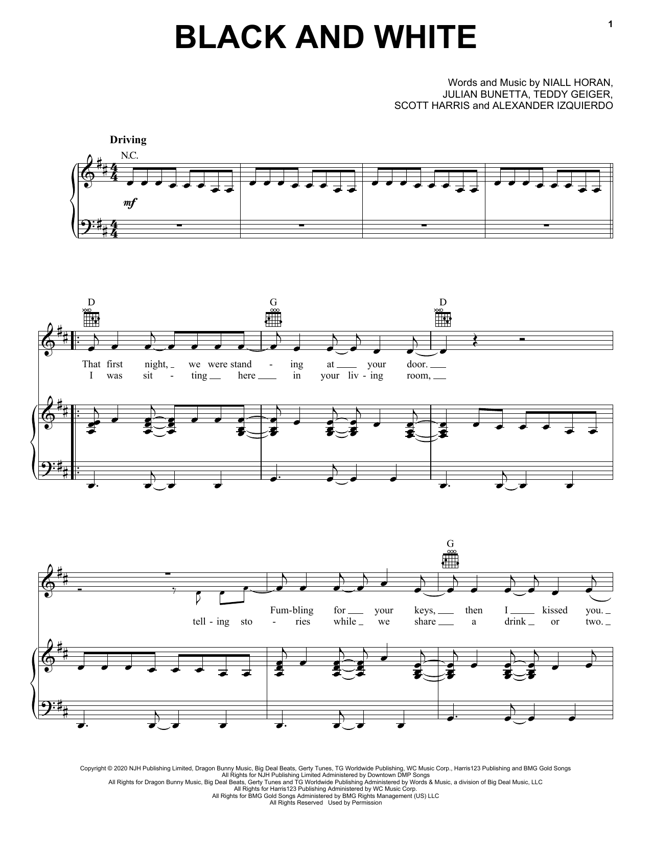 Download Niall Horan Black And White Sheet Music and learn how to play Piano, Vocal & Guitar Chords (Right-Hand Melody) PDF digital score in minutes