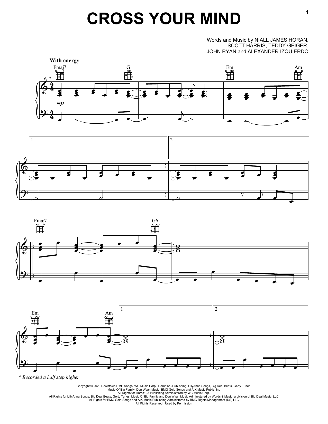 Download Niall Horan Cross Your Mind Sheet Music and learn how to play Piano, Vocal & Guitar Chords (Right-Hand Melody) PDF digital score in minutes