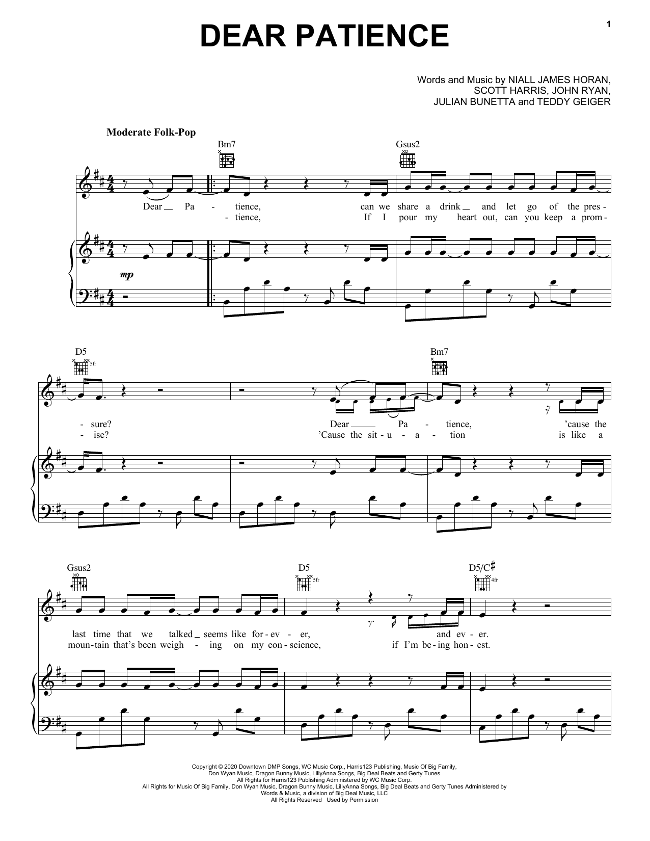 Download Niall Horan Dear Patience Sheet Music and learn how to play Piano, Vocal & Guitar Chords (Right-Hand Melody) PDF digital score in minutes