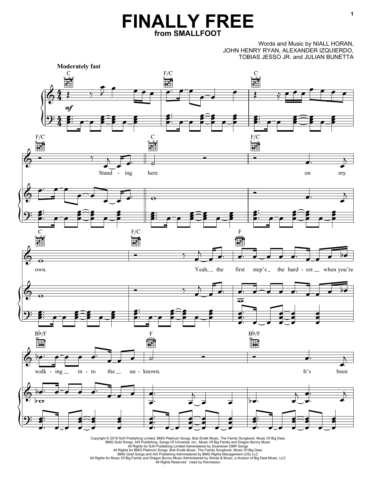 Download Niall Horan Finally Free (from Smallfoot) Sheet Music and learn how to play Piano, Vocal & Guitar (Right-Hand Melody) PDF digital score in minutes