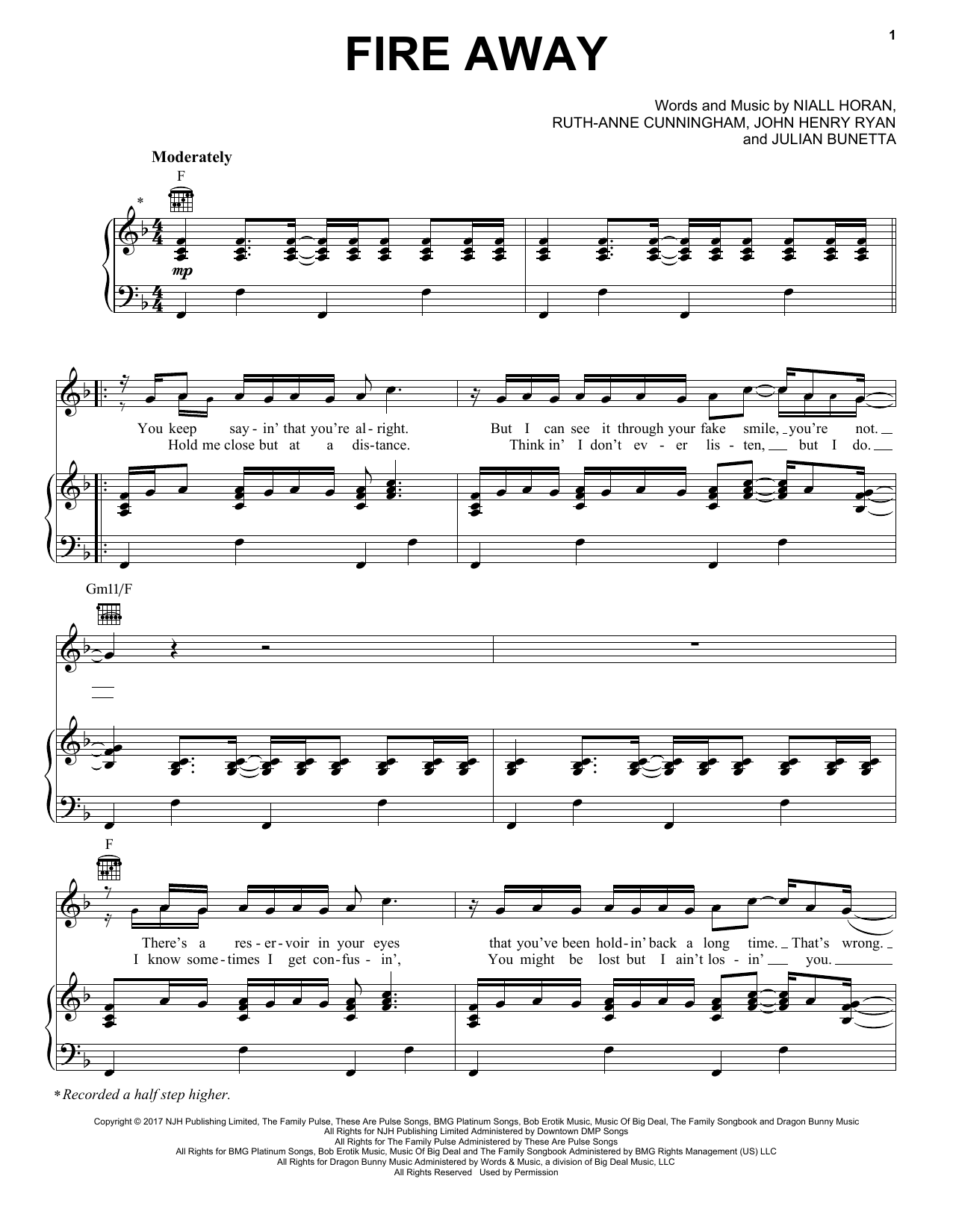 Download Niall Horan Fire Away Sheet Music and learn how to play Piano, Vocal & Guitar (Right-Hand Melody) PDF digital score in minutes