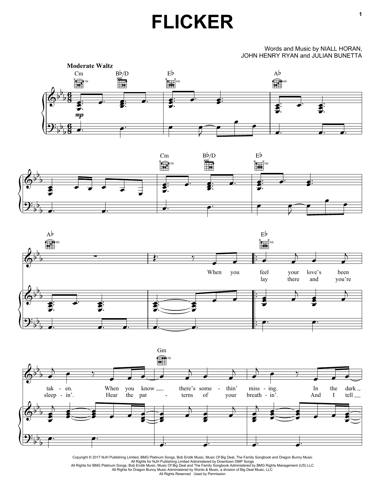Download Niall Horan Flicker Sheet Music and learn how to play Piano, Vocal & Guitar (Right-Hand Melody) PDF digital score in minutes