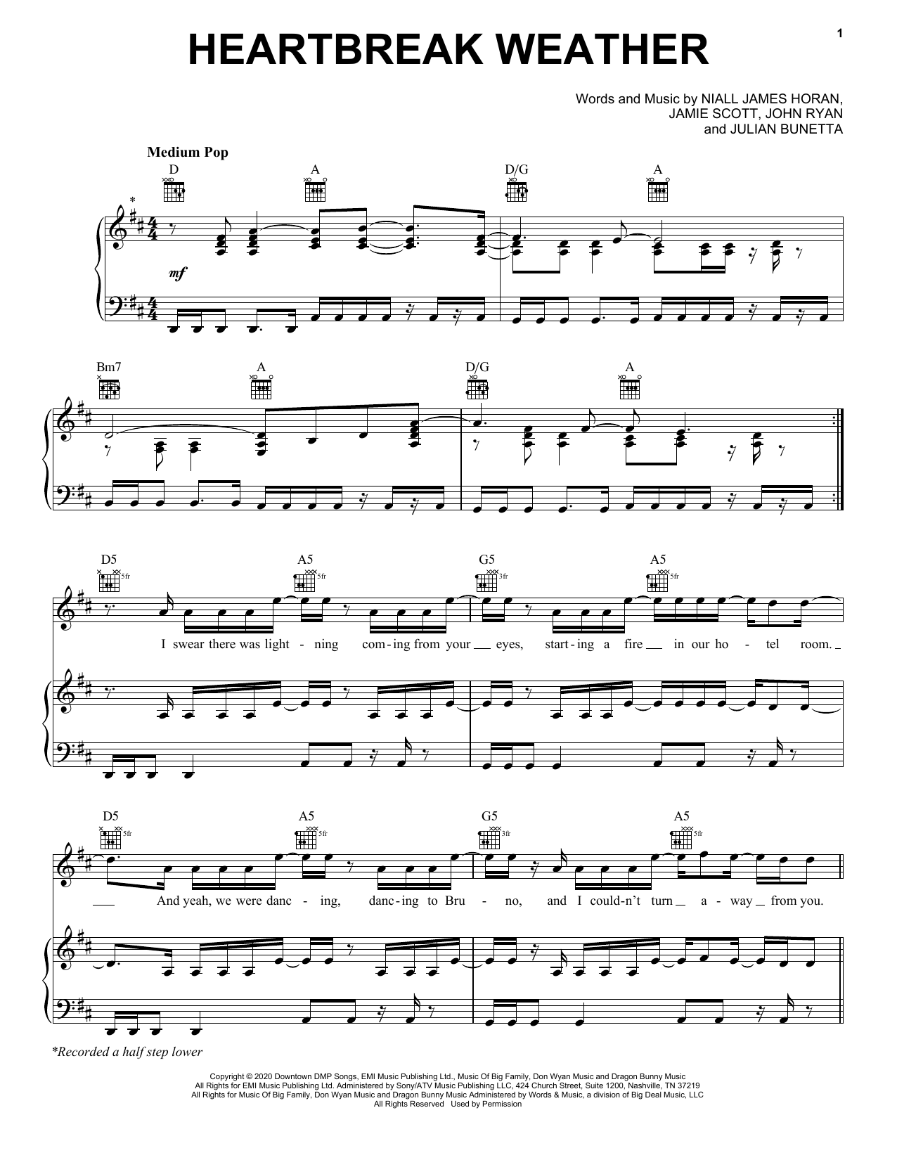 Download Niall Horan Heartbreak Weather Sheet Music and learn how to play Piano, Vocal & Guitar Chords (Right-Hand Melody) PDF digital score in minutes