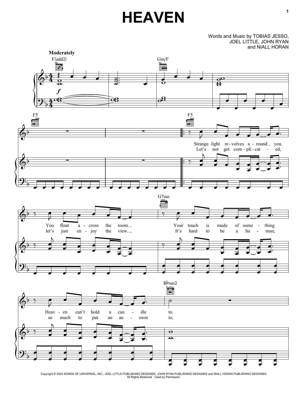 Download Niall Horan Heaven Sheet Music and learn how to play Piano, Vocal & Guitar Chords (Right-Hand Melody) PDF digital score in minutes