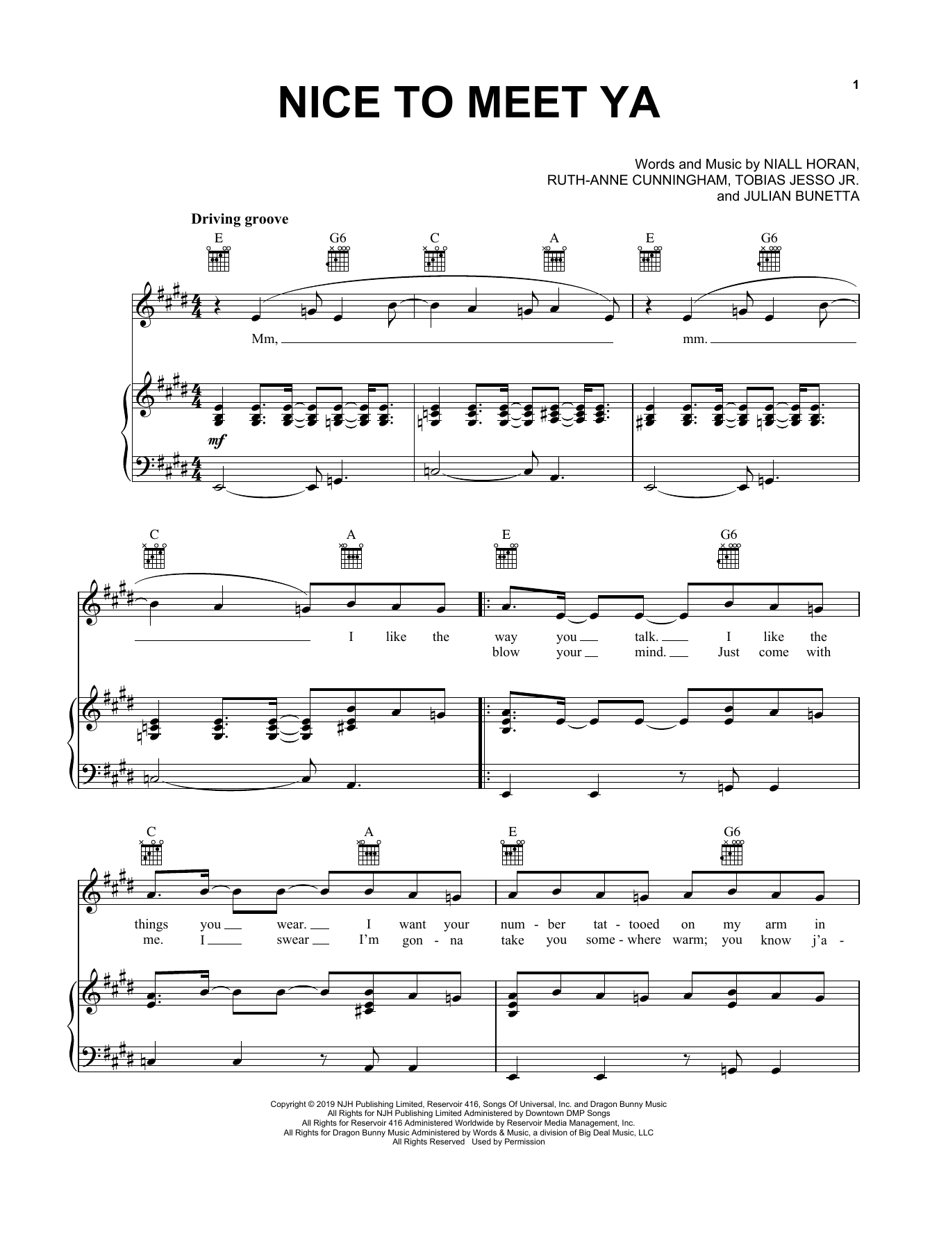 Download Niall Horan Nice To Meet Ya Sheet Music and learn how to play Piano, Vocal & Guitar Chords (Right-Hand Melody) PDF digital score in minutes