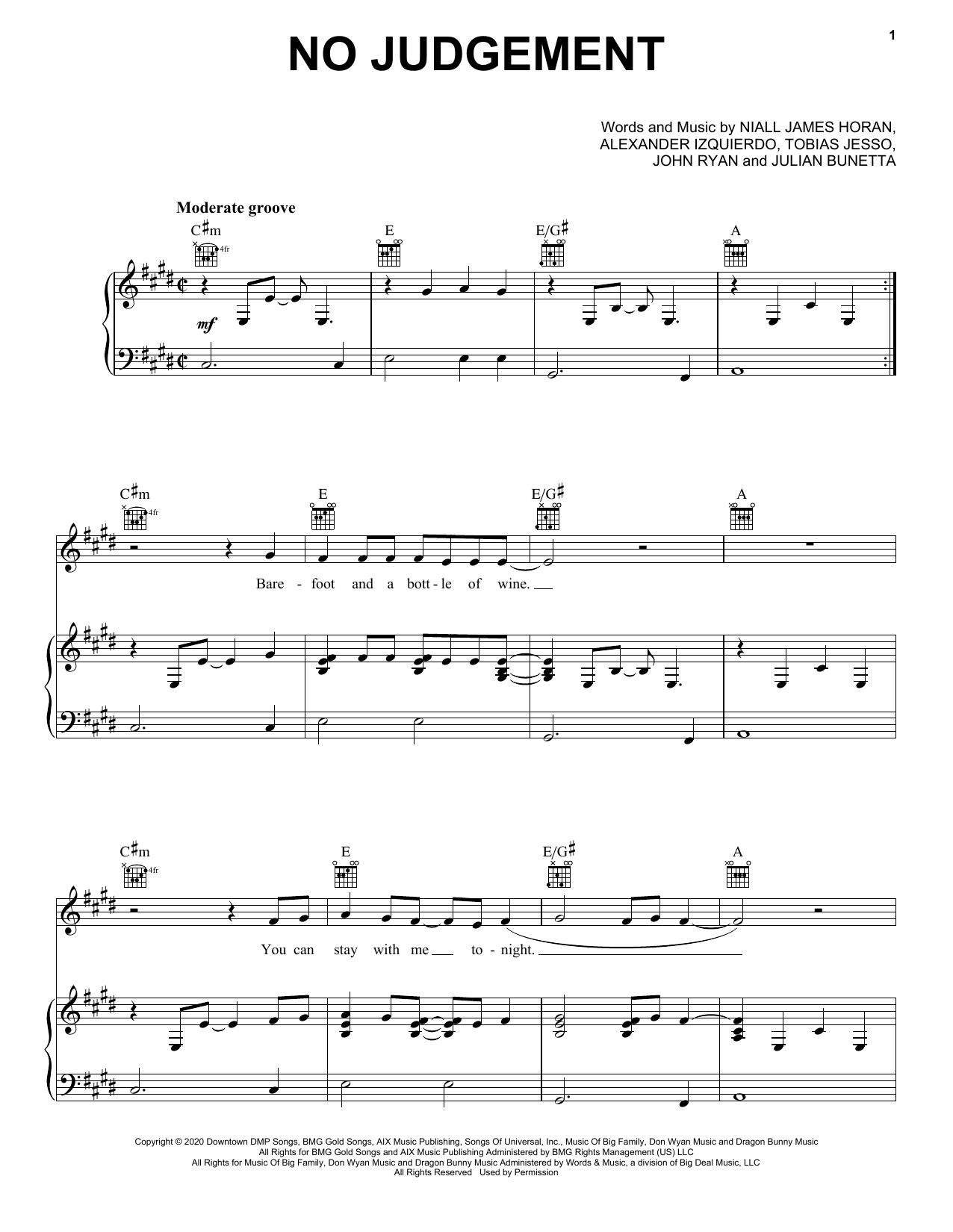 Download Niall Horan No Judgement Sheet Music and learn how to play Piano, Vocal & Guitar Chords (Right-Hand Melody) PDF digital score in minutes