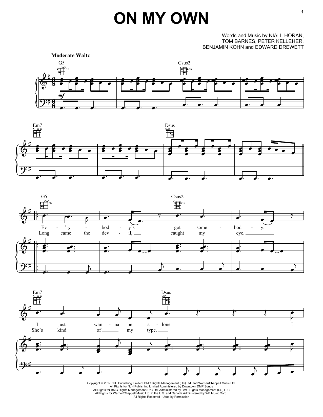 Download Niall Horan On My Own Sheet Music and learn how to play Piano, Vocal & Guitar (Right-Hand Melody) PDF digital score in minutes
