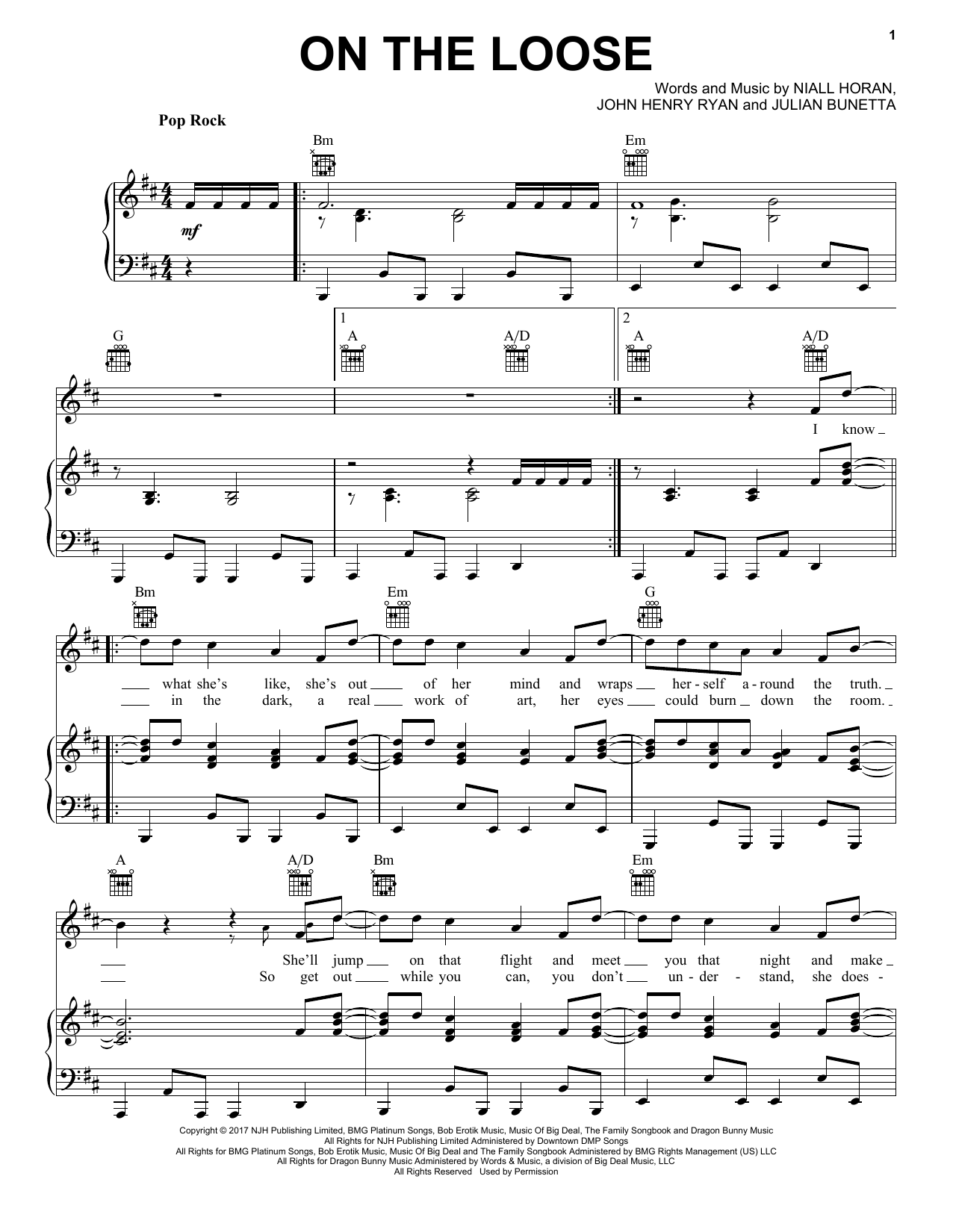 Download Niall Horan On The Loose Sheet Music and learn how to play Piano, Vocal & Guitar (Right-Hand Melody) PDF digital score in minutes