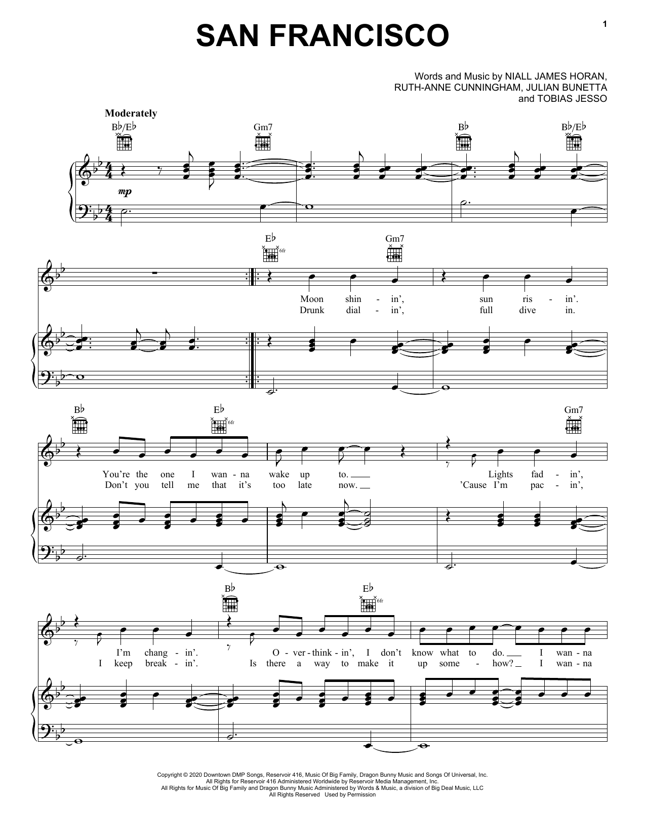 Download Niall Horan San Francisco Sheet Music and learn how to play Piano, Vocal & Guitar Chords (Right-Hand Melody) PDF digital score in minutes