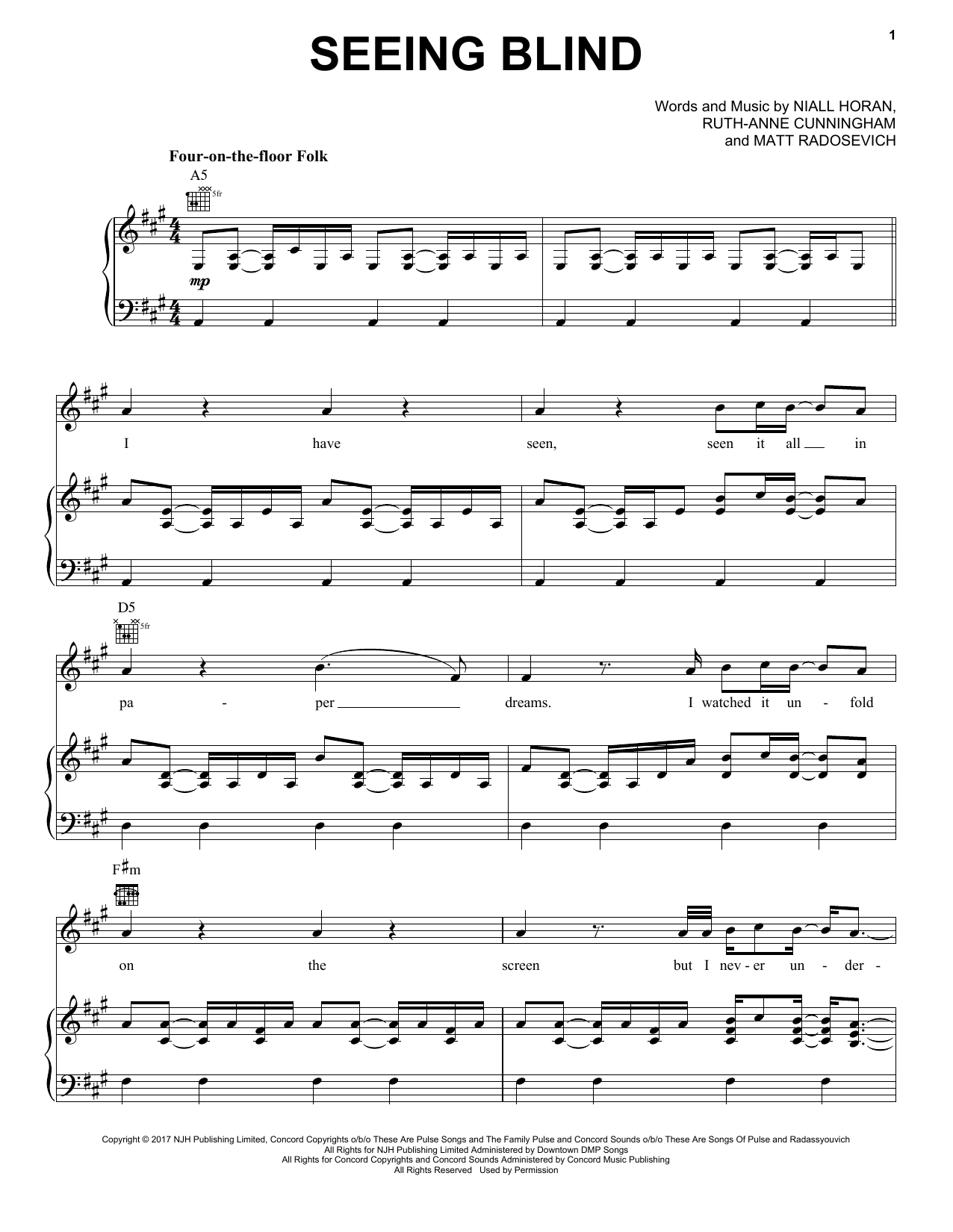Download Niall Horan Seeing Blind Sheet Music and learn how to play Piano, Vocal & Guitar (Right-Hand Melody) PDF digital score in minutes