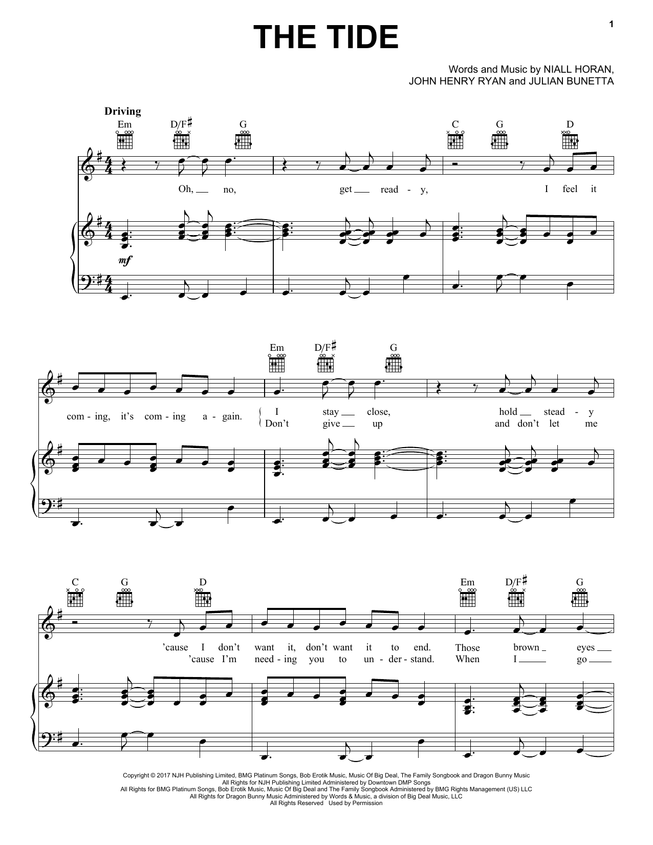 Download Niall Horan The Tide Sheet Music and learn how to play Piano, Vocal & Guitar (Right-Hand Melody) PDF digital score in minutes