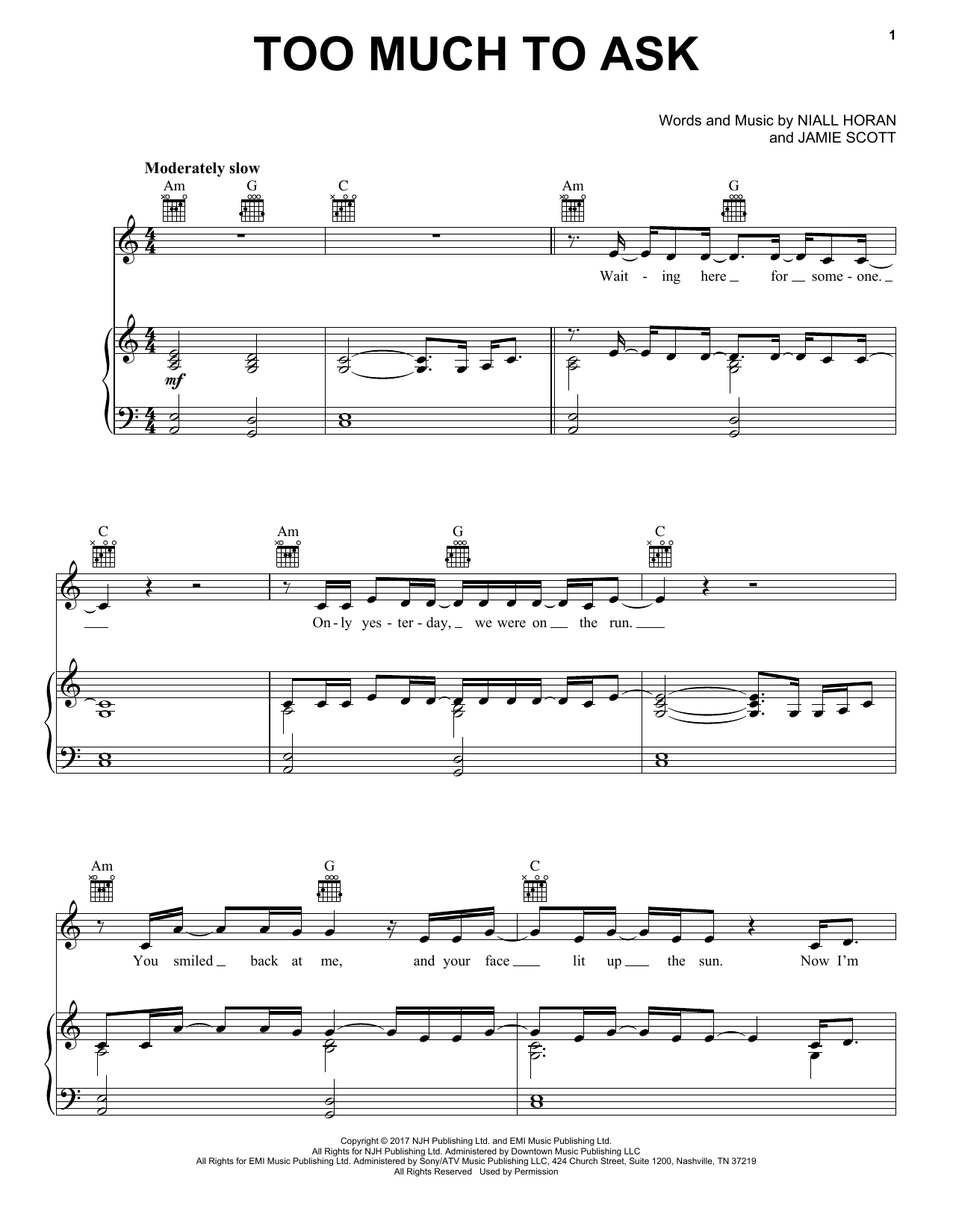 Download Niall Horan Too Much To Ask Sheet Music and learn how to play Piano, Vocal & Guitar (Right-Hand Melody) PDF digital score in minutes