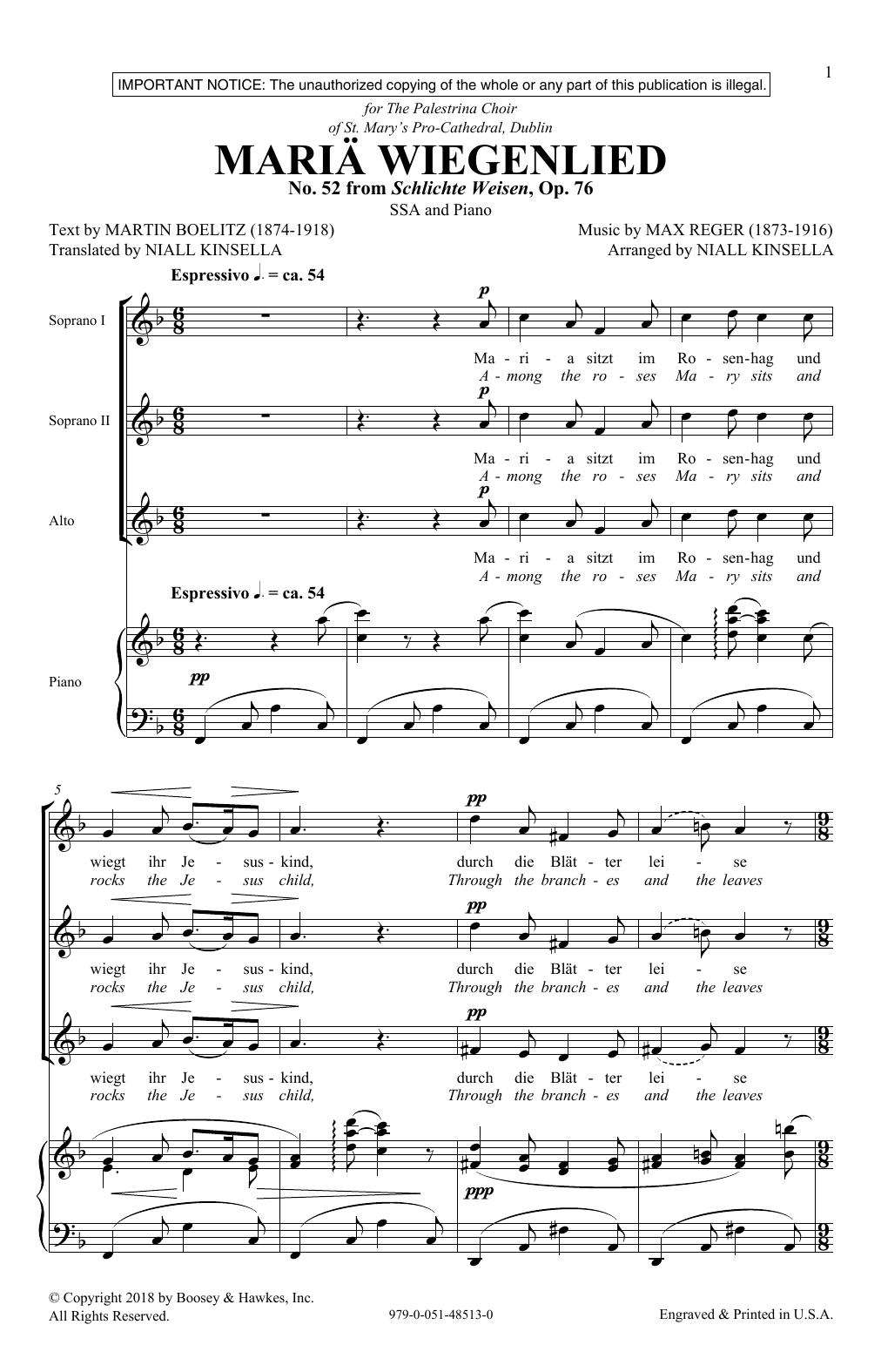 Download Niall Kinsella Maria Wiegenlied Sheet Music and learn how to play SSA Choir PDF digital score in minutes