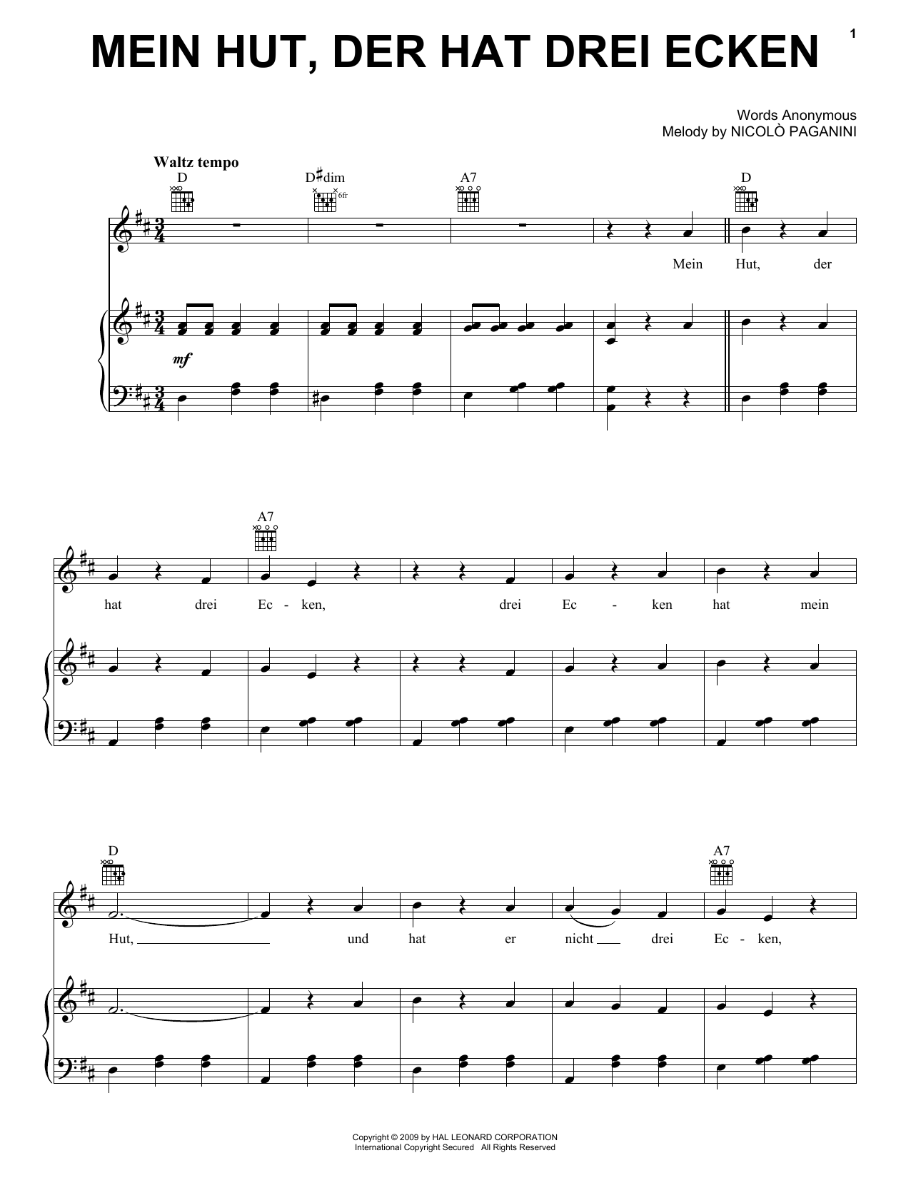 Download Niccolo Paganini Mein Hut, Der Hat Drei Ecken Sheet Music and learn how to play Piano, Vocal & Guitar (Right-Hand Melody) PDF digital score in minutes