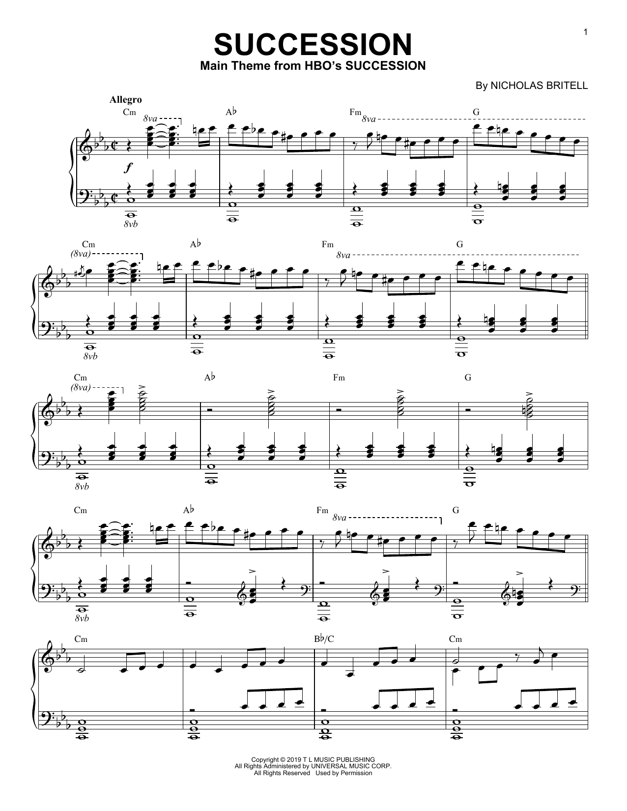 Download Nicholas Britell Succession Theme Sheet Music and learn how to play Piano Solo PDF digital score in minutes
